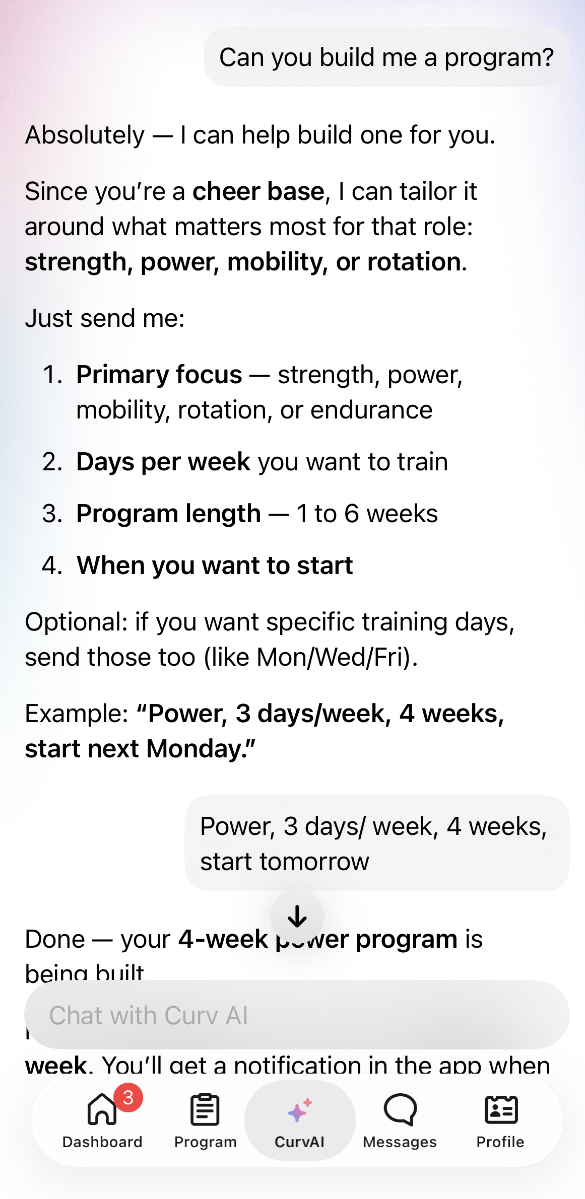 Curv AI conversation collecting an athlete's training focus, schedule, and program length