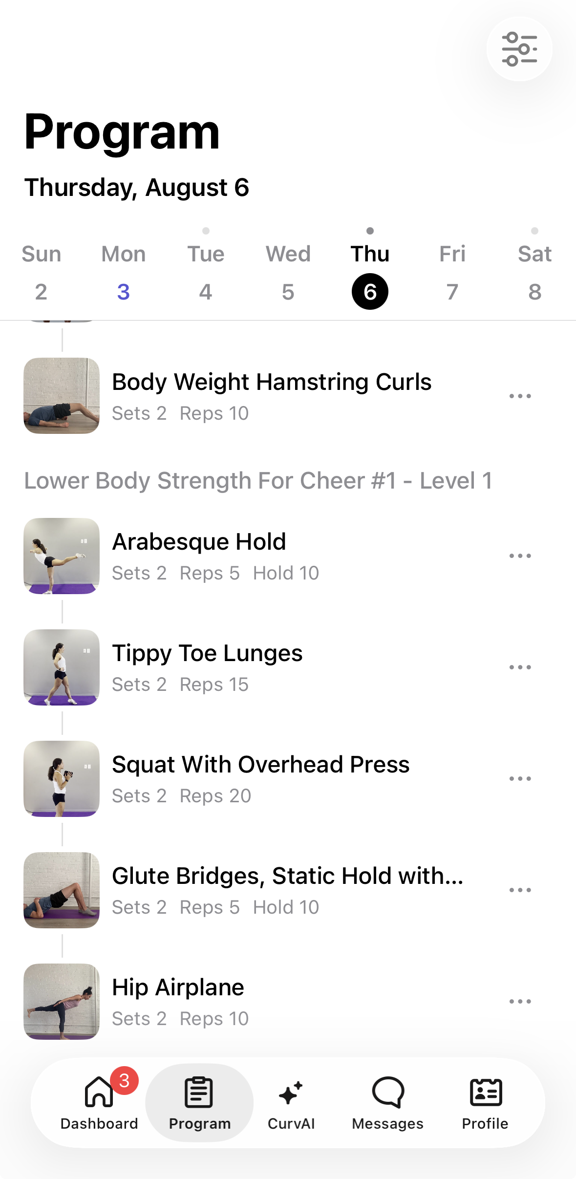 Curv AI program view showing the generated workout schedule and exercises